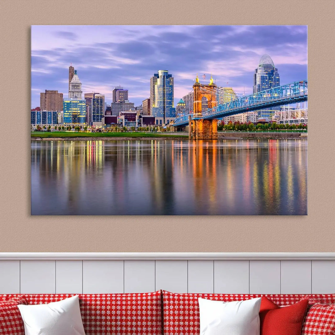 The room features the Cincinnati City Lights Sunset Purple Cloudy Skyline Cityscape View Wall Art Canvas Print, showcasing a breathtaking skyline reflecting on the river. Each piece is created with museum-quality canvas, includes UV-protective coating, and comes ready to hang.