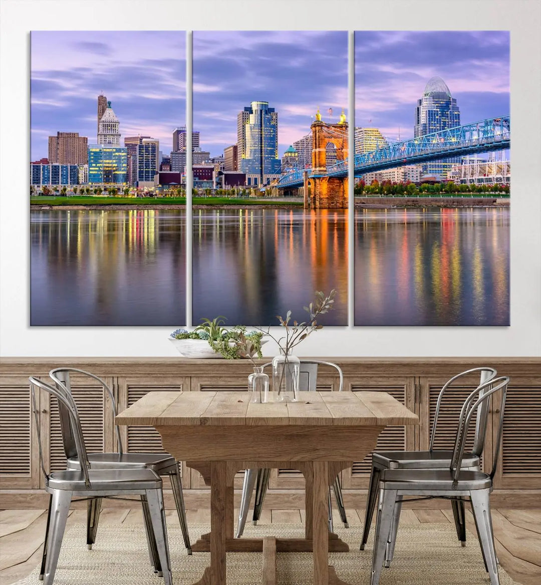 The room features the Cincinnati City Lights Sunset Purple Cloudy Skyline Cityscape View Wall Art Canvas Print, showcasing a breathtaking skyline reflecting on the river. Each piece is created with museum-quality canvas, includes UV-protective coating, and comes ready to hang.