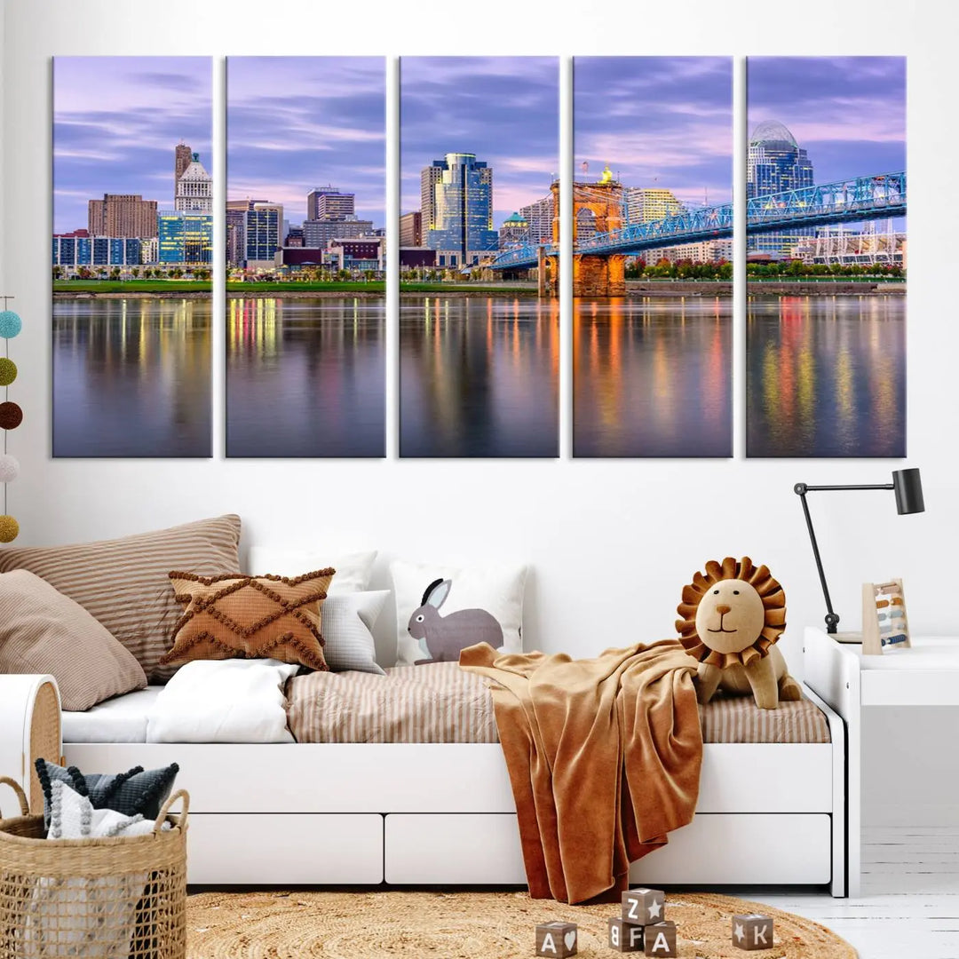 The room features the Cincinnati City Lights Sunset Purple Cloudy Skyline Cityscape View Wall Art Canvas Print, showcasing a breathtaking skyline reflecting on the river. Each piece is created with museum-quality canvas, includes UV-protective coating, and comes ready to hang.