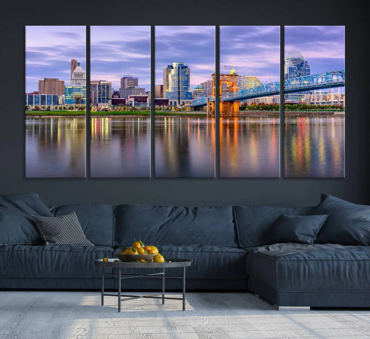 The room features the Cincinnati City Lights Sunset Purple Cloudy Skyline Cityscape View Wall Art Canvas Print, showcasing a breathtaking skyline reflecting on the river. Each piece is created with museum-quality canvas, includes UV-protective coating, and comes ready to hang.