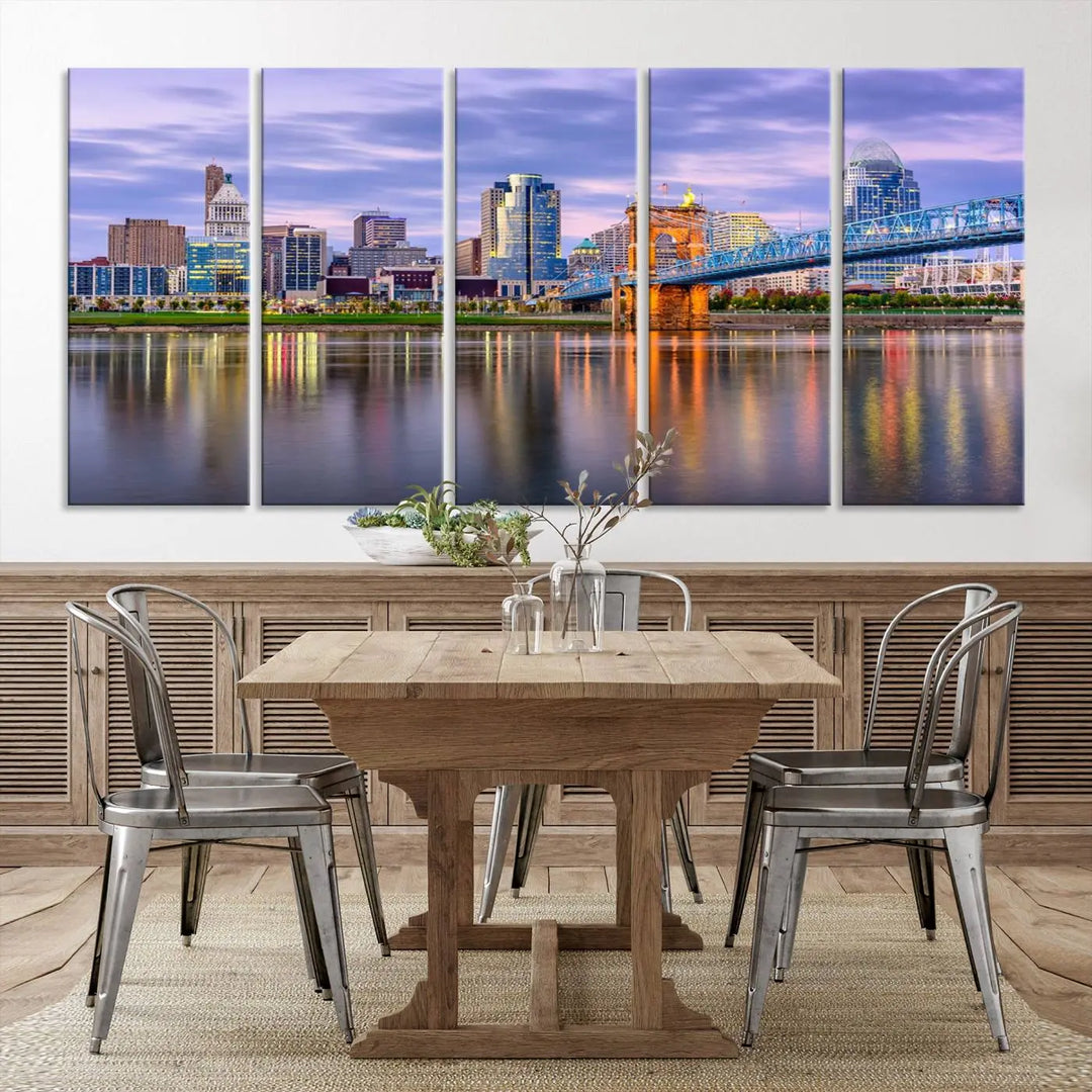 The room features the Cincinnati City Lights Sunset Purple Cloudy Skyline Cityscape View Wall Art Canvas Print, showcasing a breathtaking skyline reflecting on the river. Each piece is created with museum-quality canvas, includes UV-protective coating, and comes ready to hang.