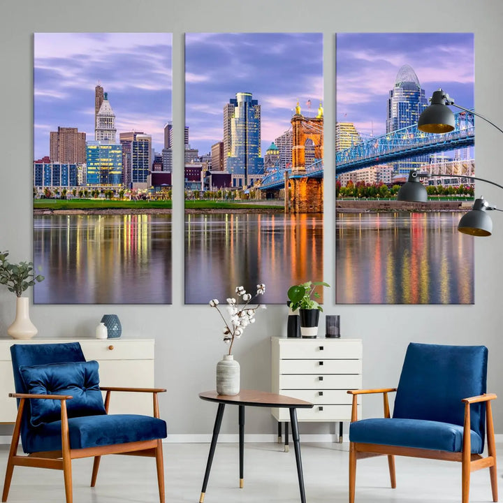 The wall art titled "Cincinnati City Lights Sunset Purple Cloudy Skyline Cityscape View" is beautifully printed on museum-quality canvases with a UV-protective coating and is ready to hang.