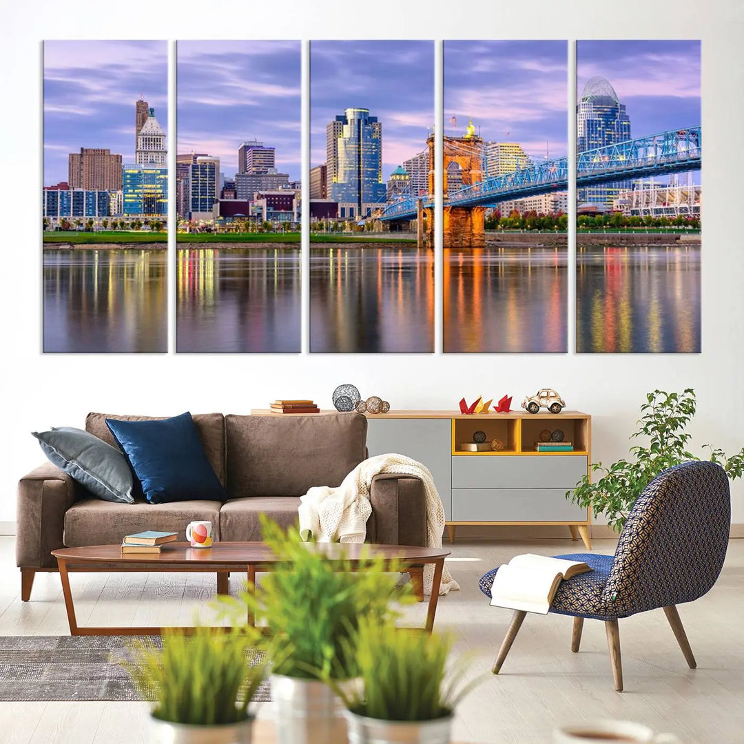 The wall art titled "Cincinnati City Lights Sunset Purple Cloudy Skyline Cityscape View" is beautifully printed on museum-quality canvases with a UV-protective coating and is ready to hang.