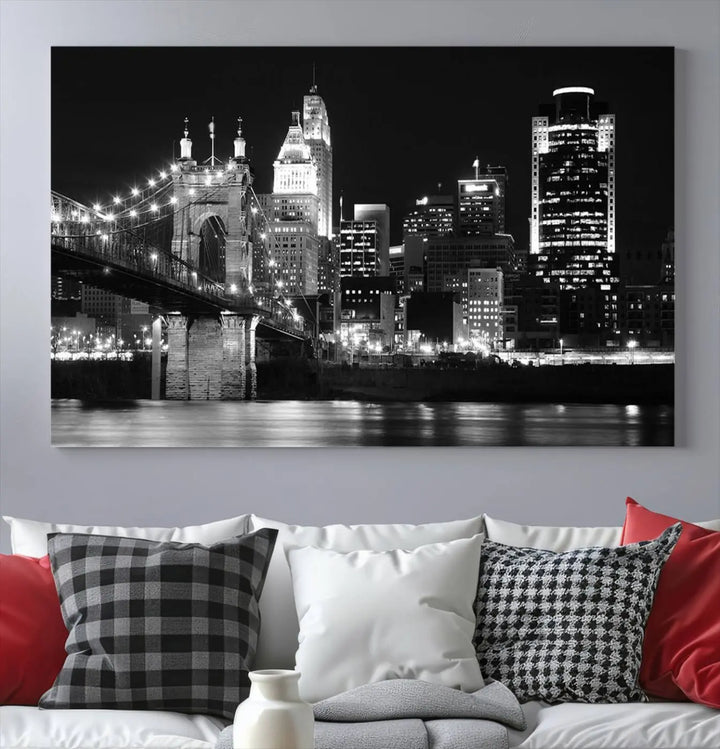 The Cincinnati City Skyline Black and White Wall Art Cityscape Canvas Print is prominently displayed.