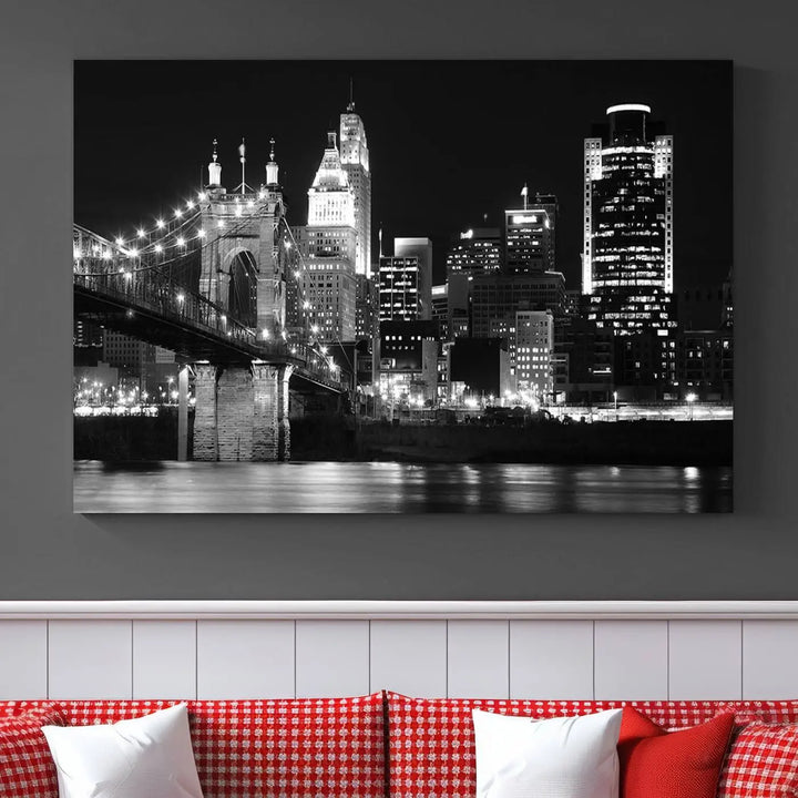 The Cincinnati City Skyline Black and White Wall Art Cityscape Canvas Print is prominently displayed.