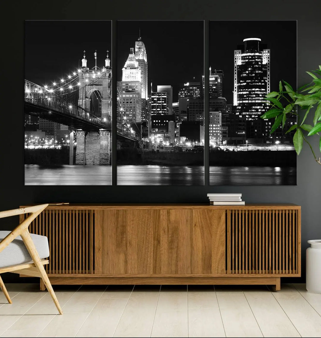 The Cincinnati City Skyline Black and White Wall Art Cityscape Canvas Print is prominently displayed.