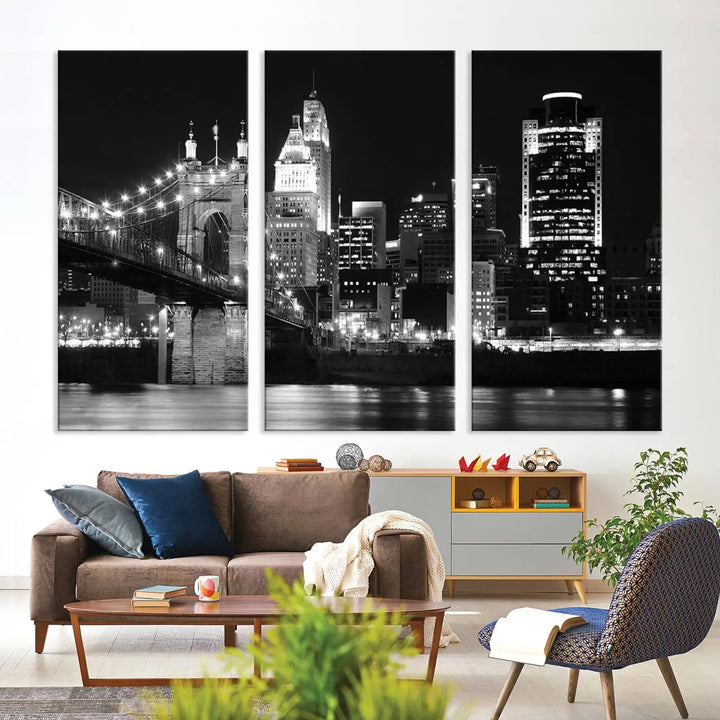 The Cincinnati City Skyline Black and White Wall Art Cityscape Canvas Print is prominently displayed.