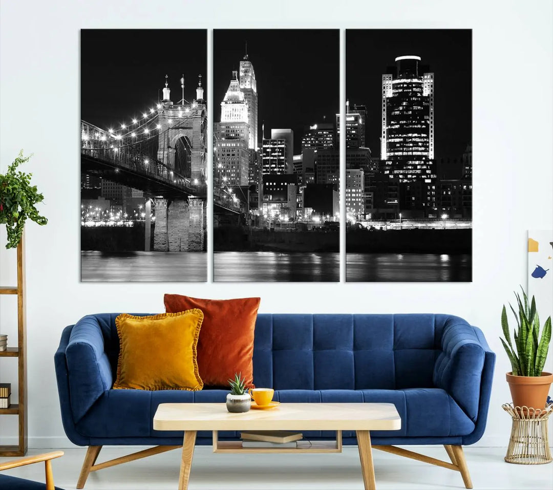 The Cincinnati City Skyline Black and White Wall Art Cityscape Canvas Print is prominently displayed.