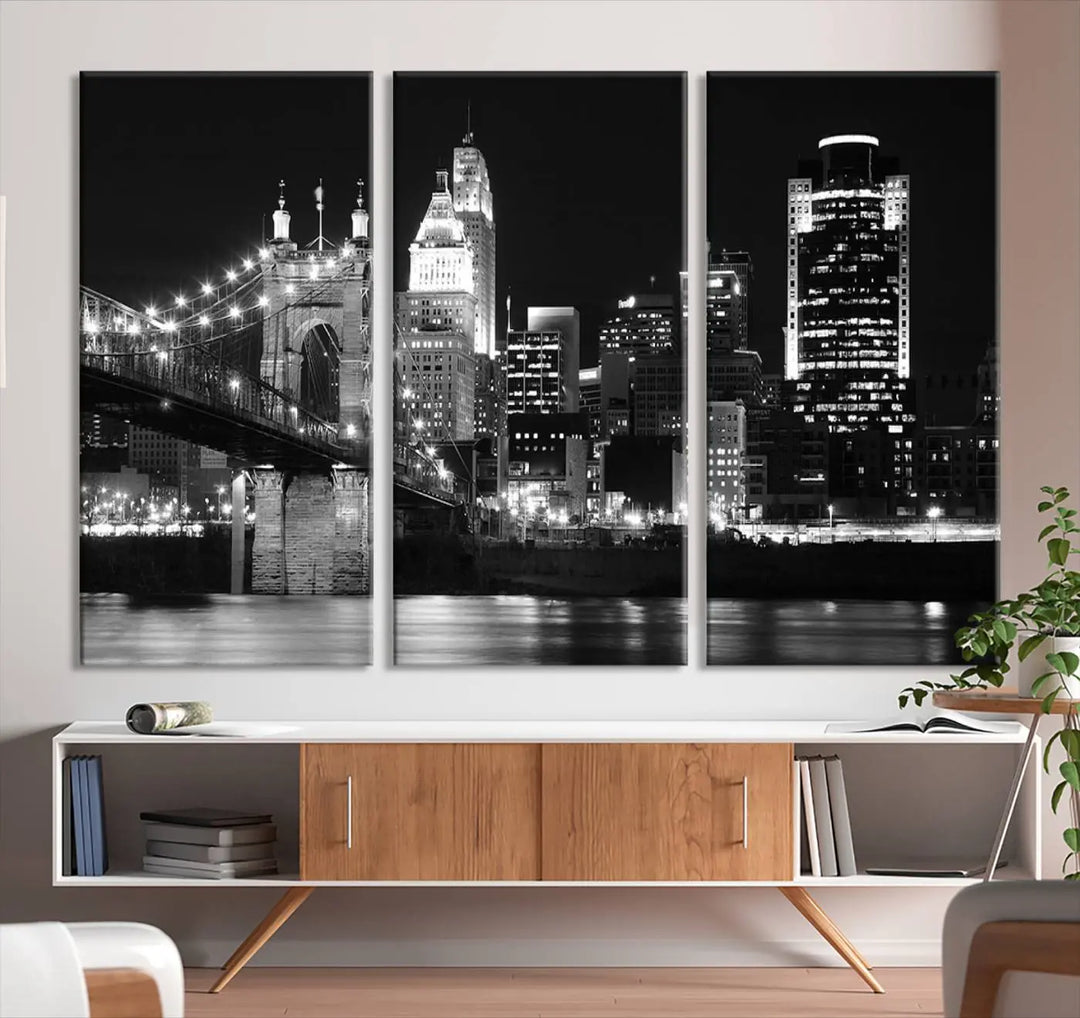 The Cincinnati City Skyline Black and White Wall Art Cityscape Canvas Print is prominently displayed.