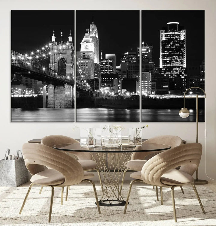 The Cincinnati City Skyline Black and White Wall Art Cityscape Canvas Print is prominently displayed.