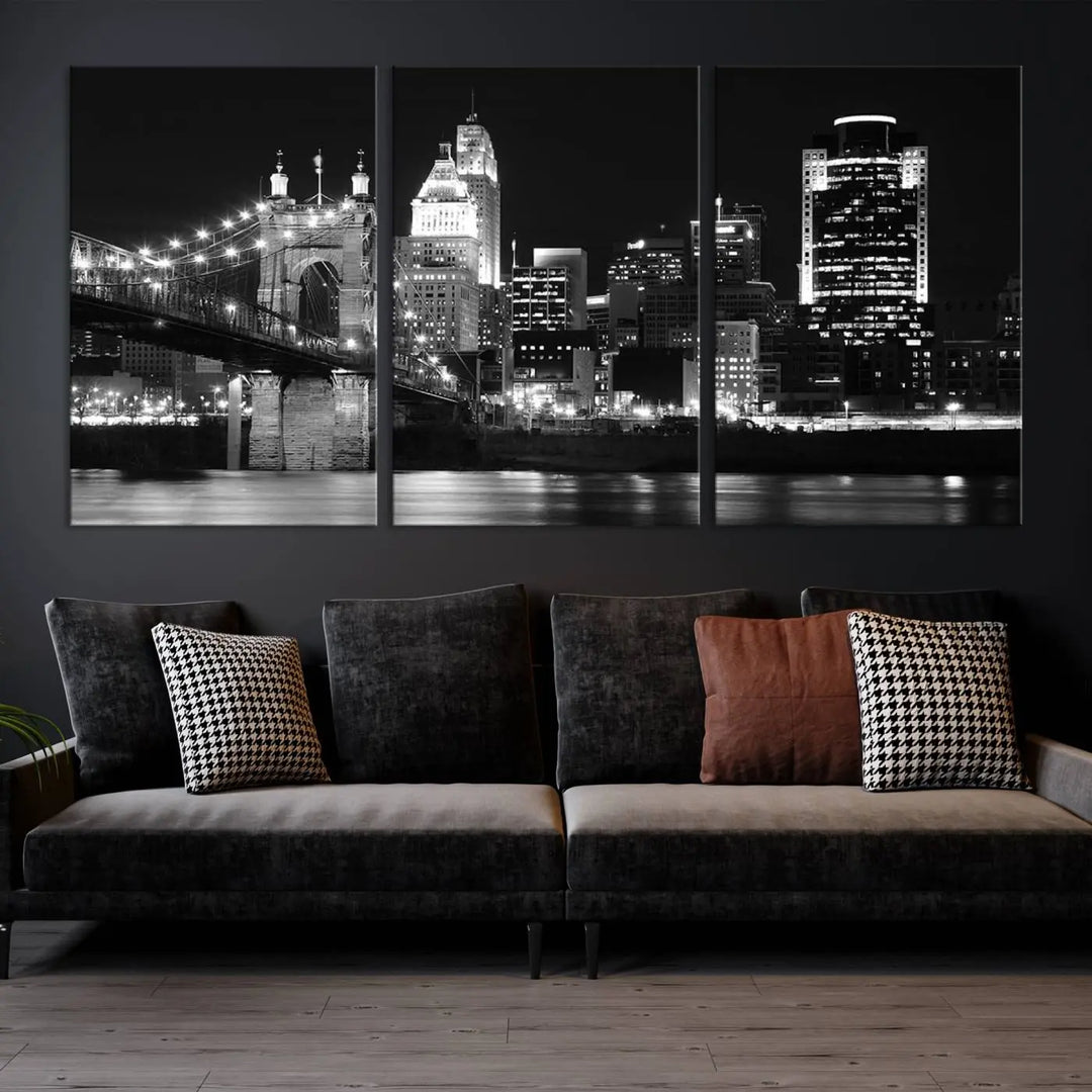 The Cincinnati City Skyline Black and White Wall Art Cityscape Canvas Print is prominently displayed.