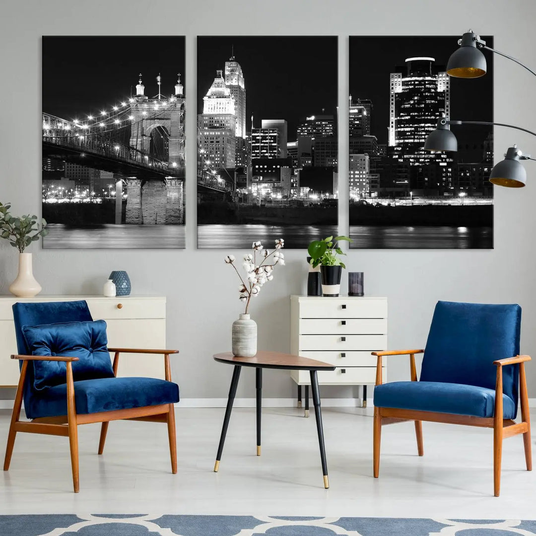 The Cincinnati City Skyline Black and White Wall Art Cityscape Canvas Print is prominently displayed.