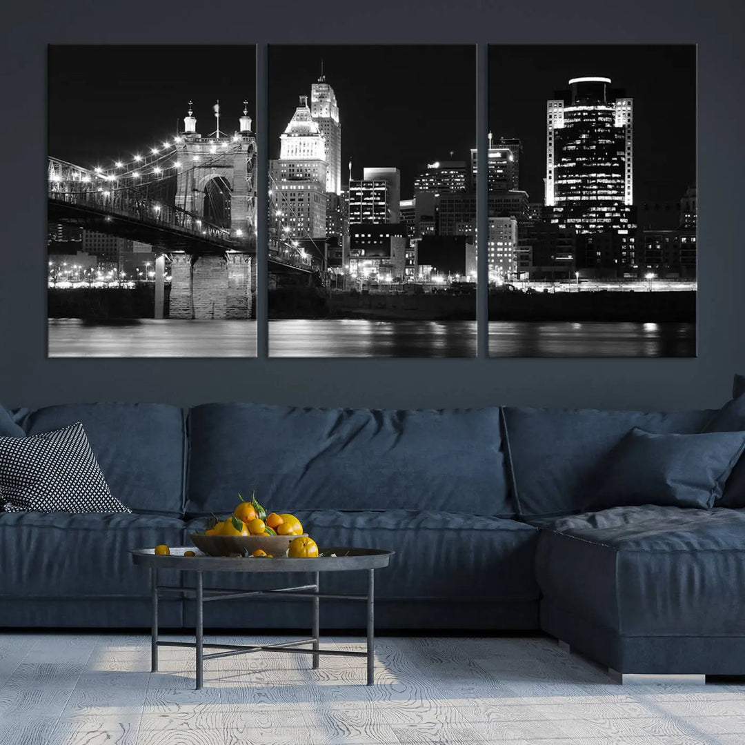 The Cincinnati City Skyline Black and White Wall Art Cityscape Canvas Print is prominently displayed.