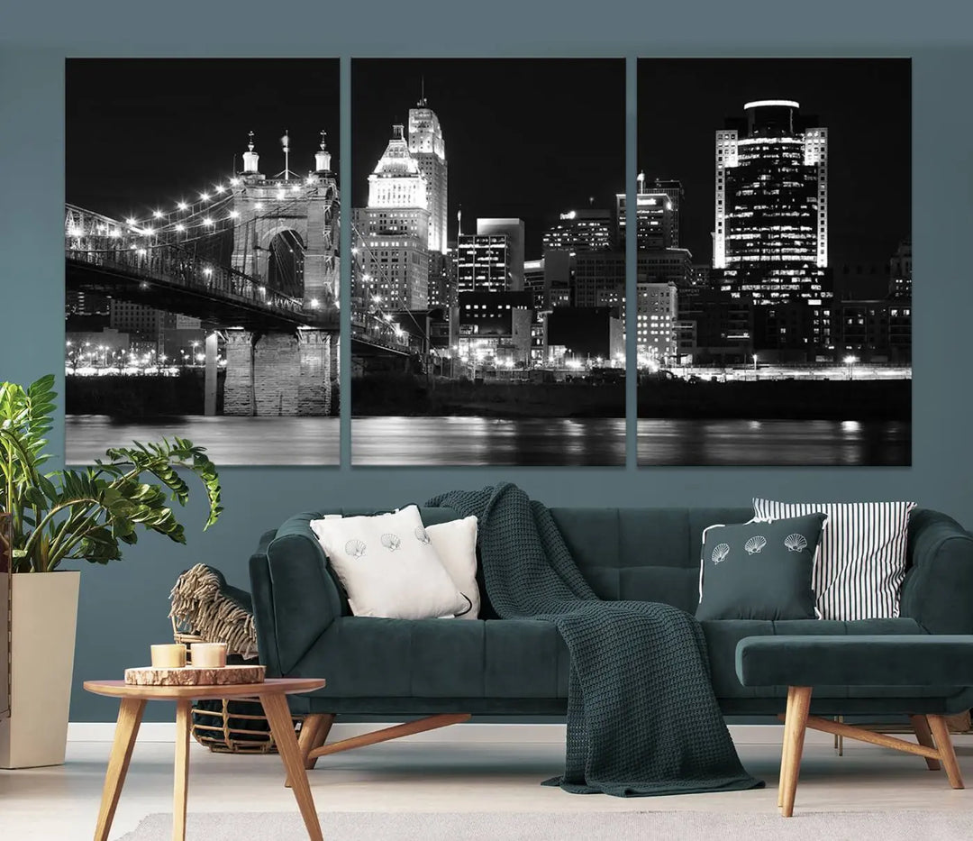 The Cincinnati City Skyline Black and White Wall Art Cityscape Canvas Print is prominently displayed.