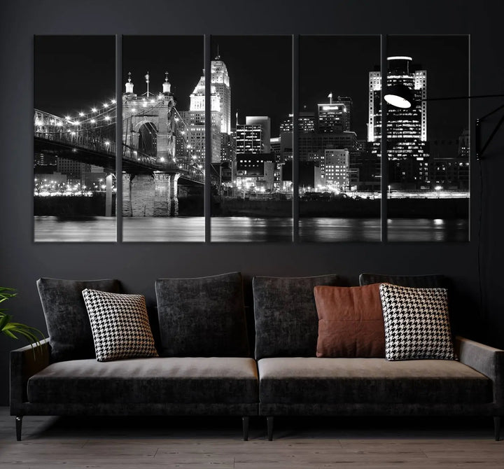 The Cincinnati City Skyline Black and White Wall Art Cityscape Canvas Print is prominently displayed.