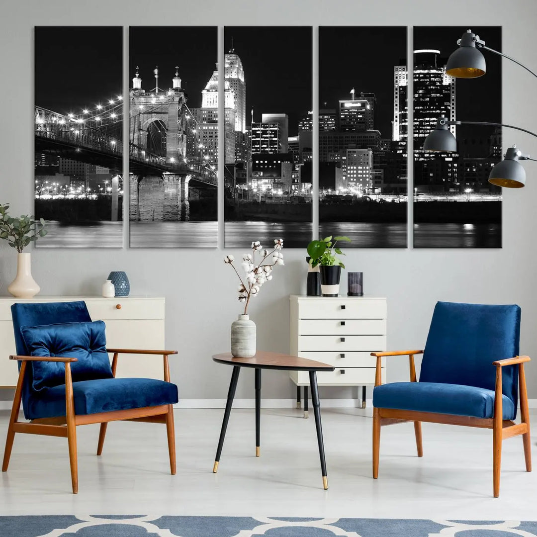 The Cincinnati City Skyline Black and White Wall Art Cityscape Canvas Print is prominently displayed.