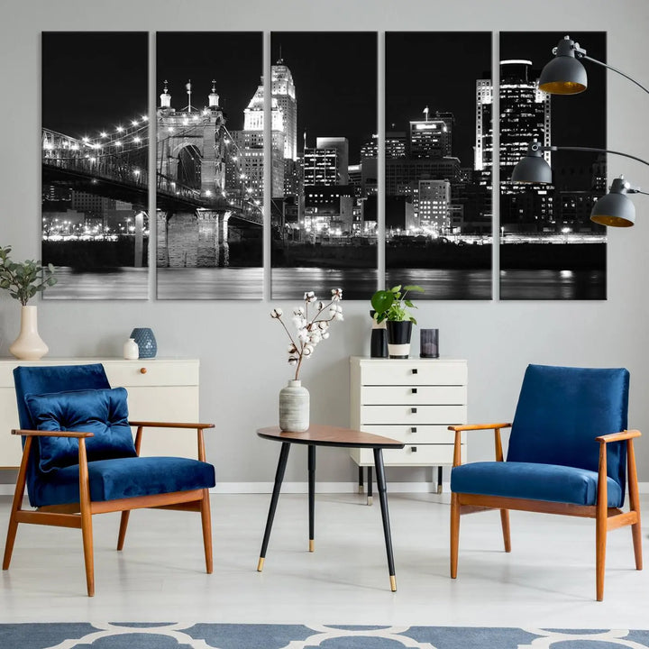 The Cincinnati City Skyline Black and White Wall Art Cityscape Canvas Print is prominently displayed.