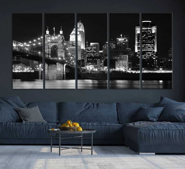 The Cincinnati City Skyline Black and White Wall Art Cityscape Canvas Print is prominently displayed.