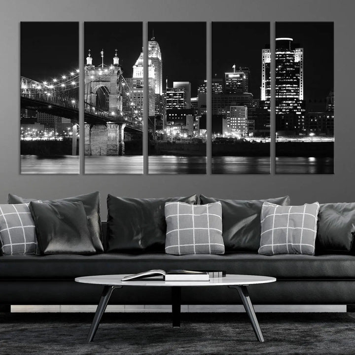 The Cincinnati City Skyline Black and White Wall Art Cityscape Canvas Print is prominently displayed.