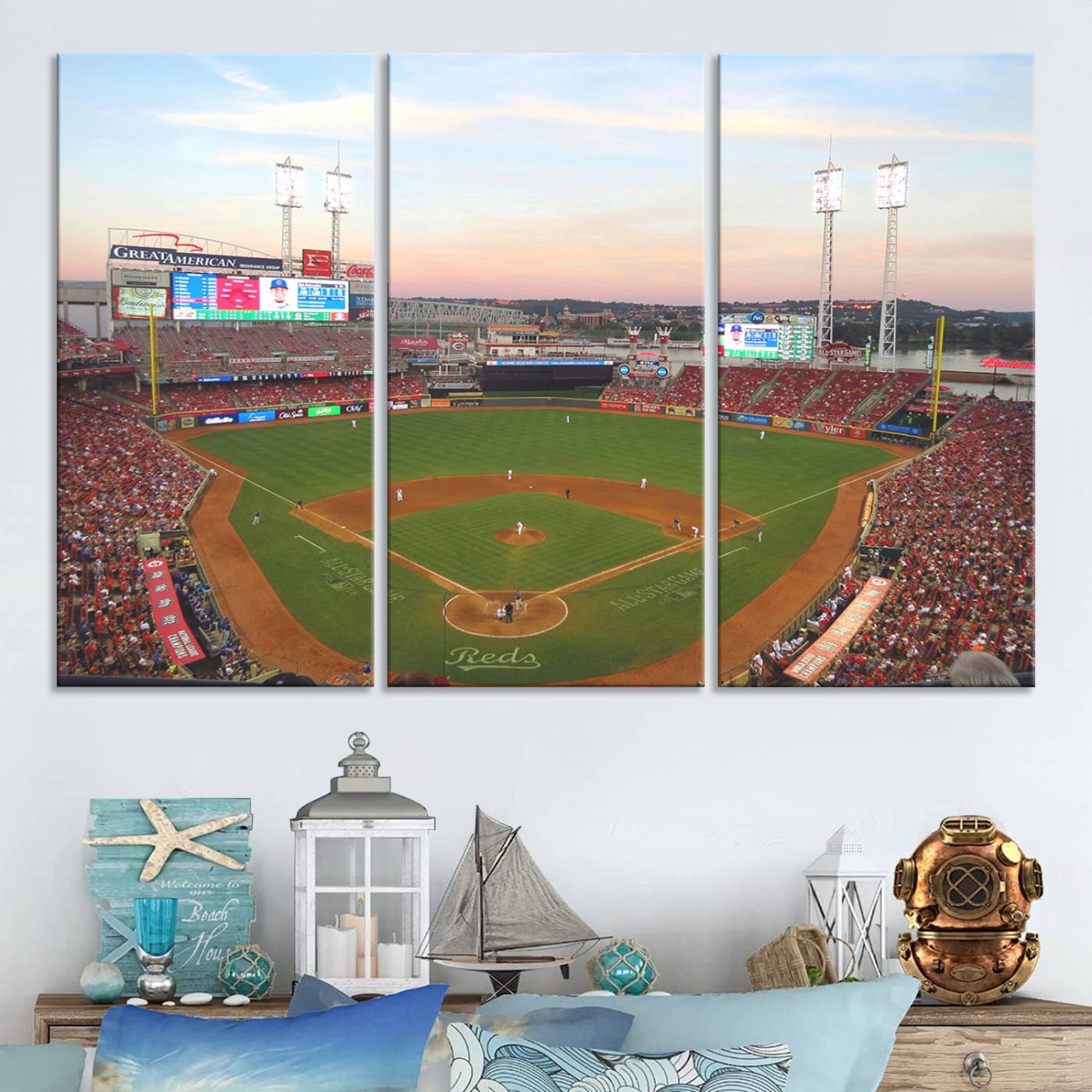 20257-MGV-CV-36X24-Cincinnati Reds Baseball Print Canvas- Cincinnati Great American Ball Park Stadium Wall Art Canvas Print