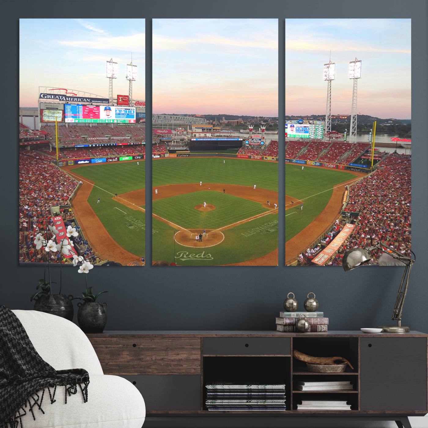 20257-MGV-CV-36X24-Cincinnati Reds Baseball Print Canvas- Cincinnati Great American Ball Park Stadium Wall Art Canvas Print