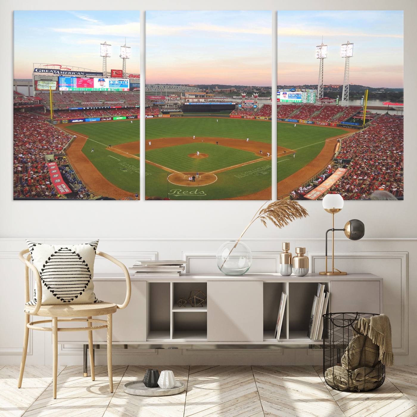20257-MGV-CV-36X24-Cincinnati Reds Baseball Print Canvas- Cincinnati Great American Ball Park Stadium Wall Art Canvas Print