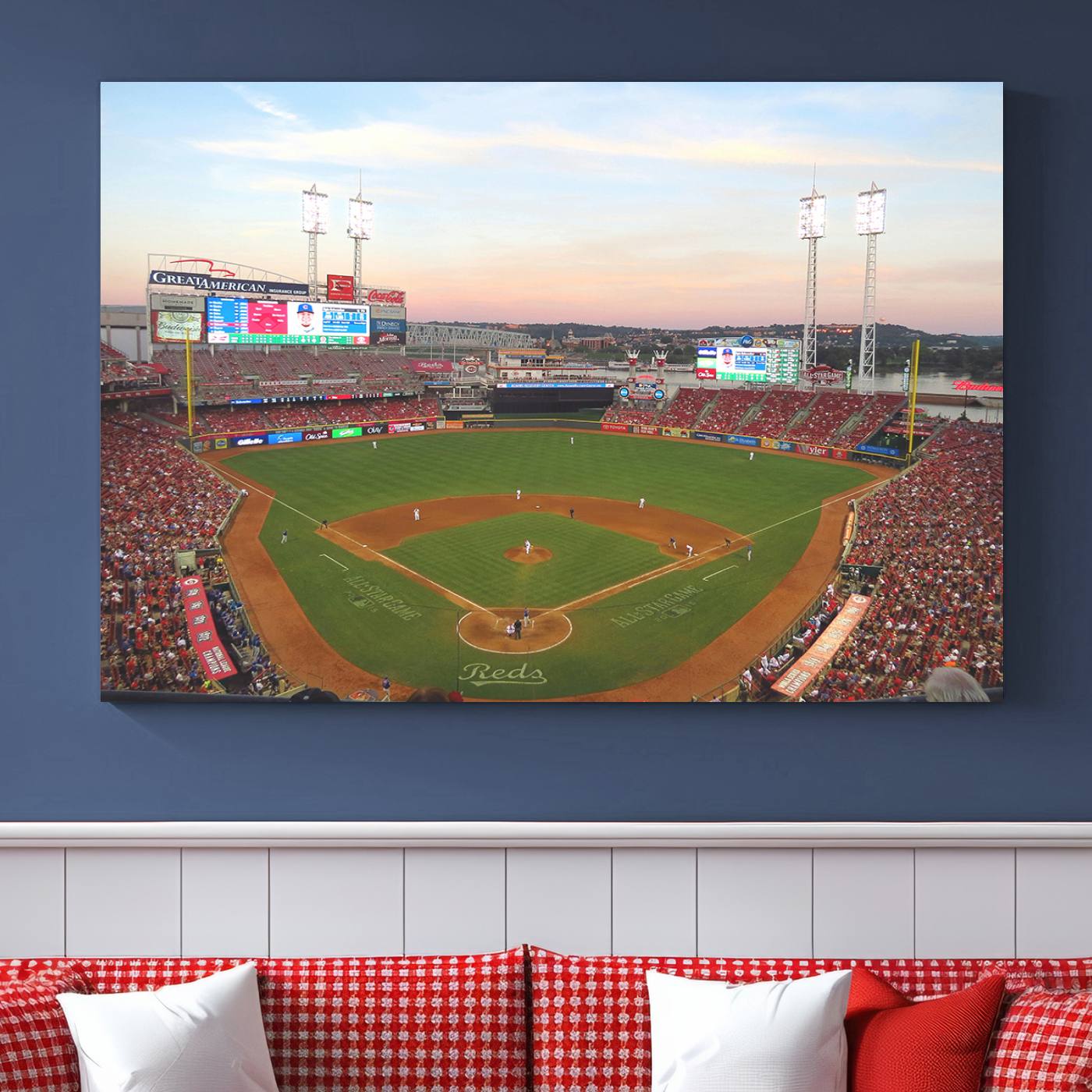 20257-MGV-CV-36X24-Cincinnati Reds Baseball Print Canvas- Cincinnati Great American Ball Park Stadium Wall Art Canvas Print