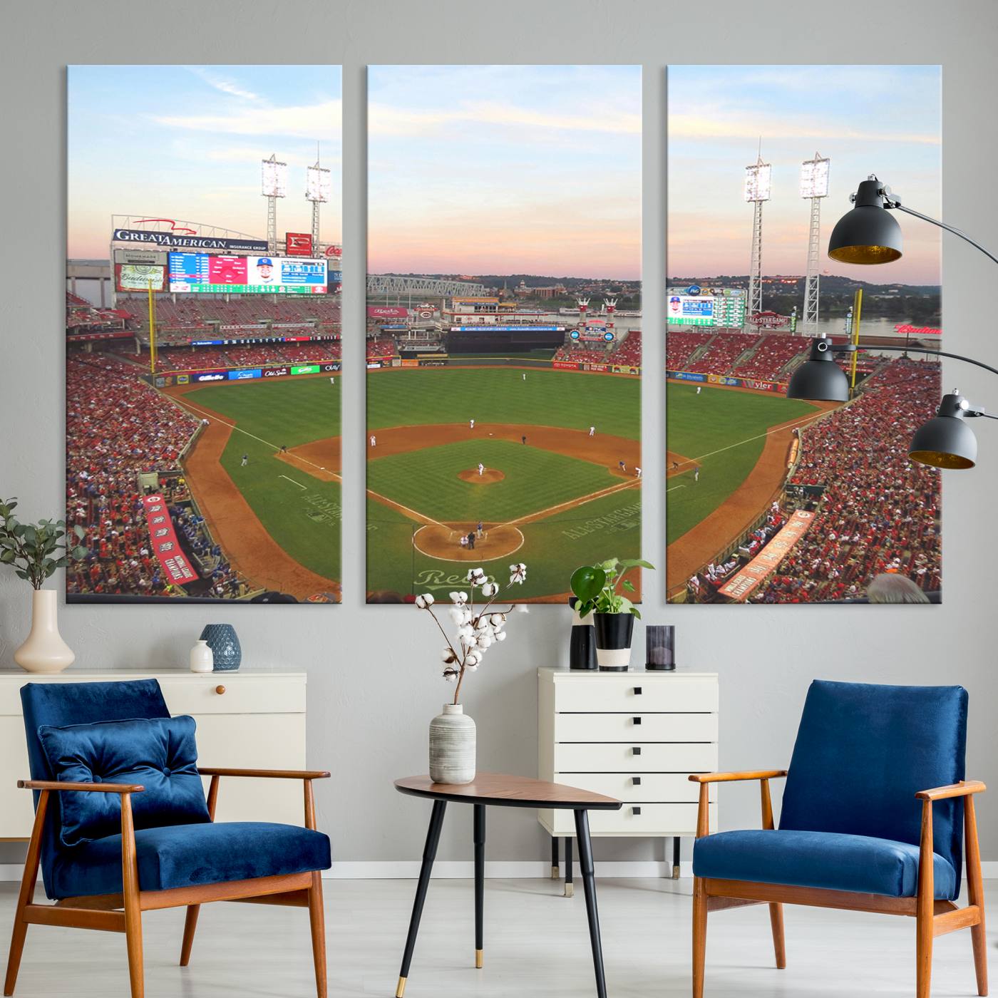 20257-MGV-CV-48X32-3P-Cincinnati Reds Baseball Print Canvas- Cincinnati Great American Ball Park Stadium Wall Art Canvas Print