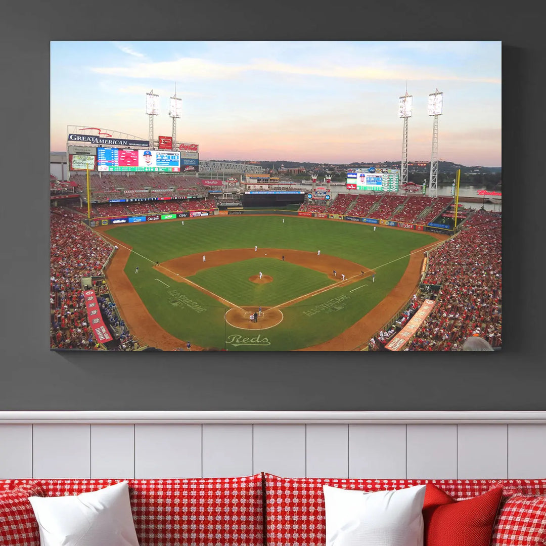 A canvas print of the Cincinnati Reds Baseball Team features a stunning image of the Great American Ball Park at sunset.