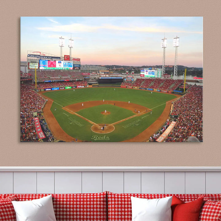 A canvas print of the Cincinnati Reds Baseball Team features a stunning image of the Great American Ball Park at sunset.