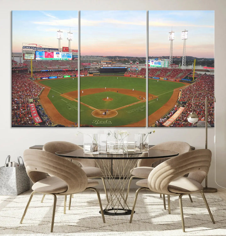 A canvas print of the Cincinnati Reds Baseball Team features a stunning image of the Great American Ball Park at sunset.