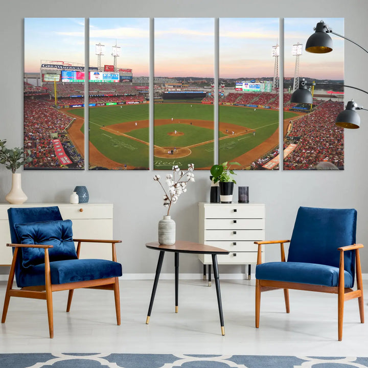 A canvas print of the Cincinnati Reds Baseball Team features a stunning image of the Great American Ball Park at sunset.