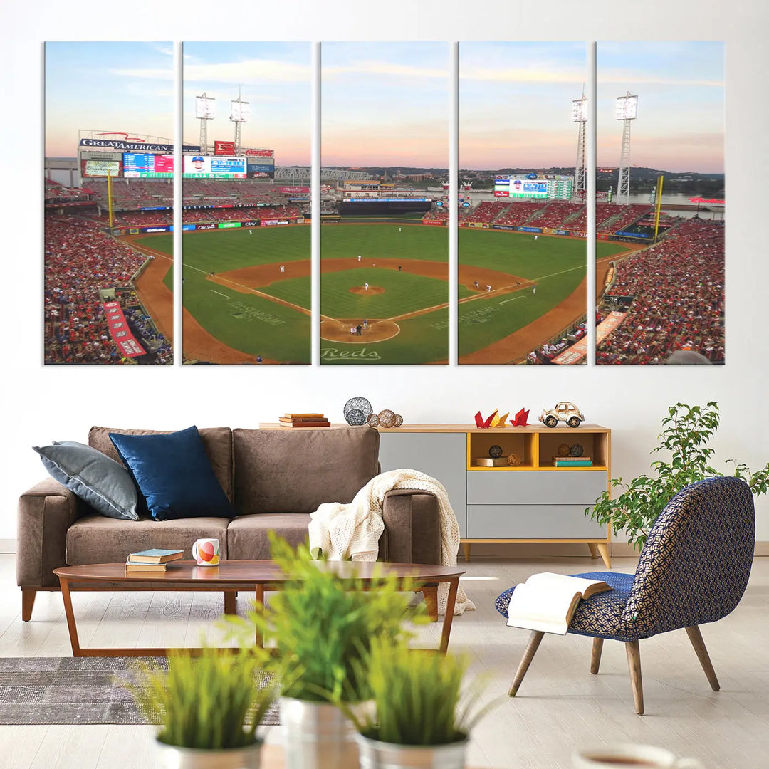 A canvas print of the Cincinnati Reds Baseball Team features a stunning image of the Great American Ball Park at sunset.