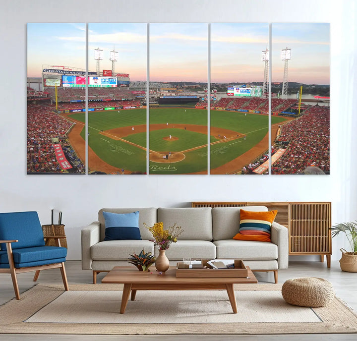 A canvas print of the Cincinnati Reds Baseball Team features a stunning image of the Great American Ball Park at sunset.