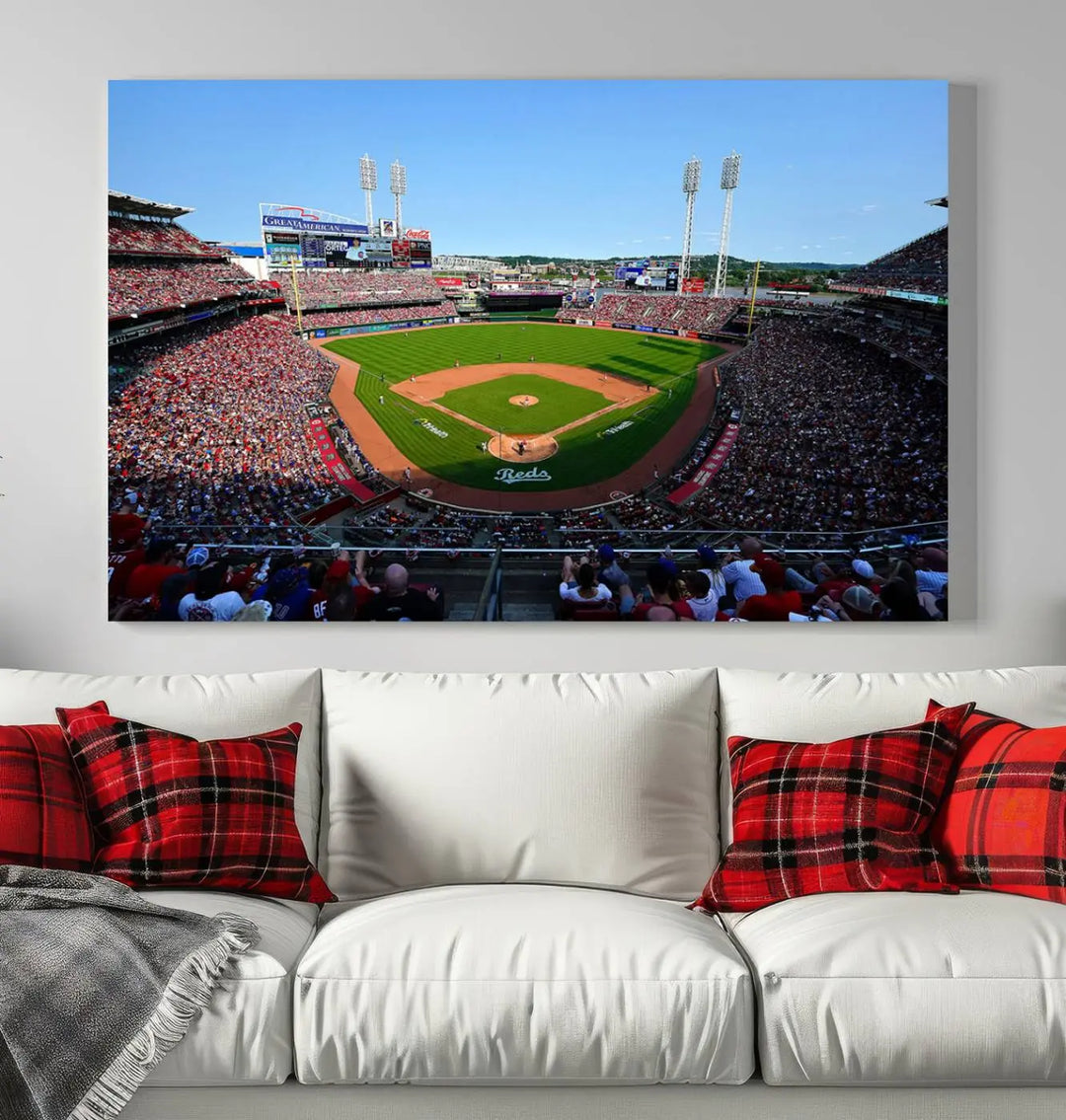 Wall art showcasing the Cincinnati Reds Baseball Team Print features a panoramic view of a bustling Great American Ball Park Stadium on a gallery-quality canvas.