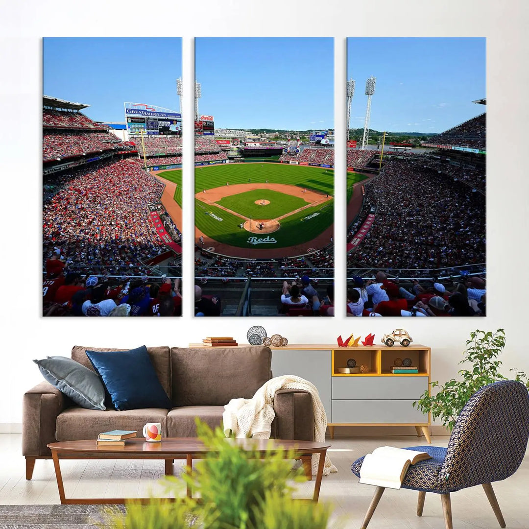 Wall art showcasing the Cincinnati Reds Baseball Team Print features a panoramic view of a bustling Great American Ball Park Stadium on a gallery-quality canvas.