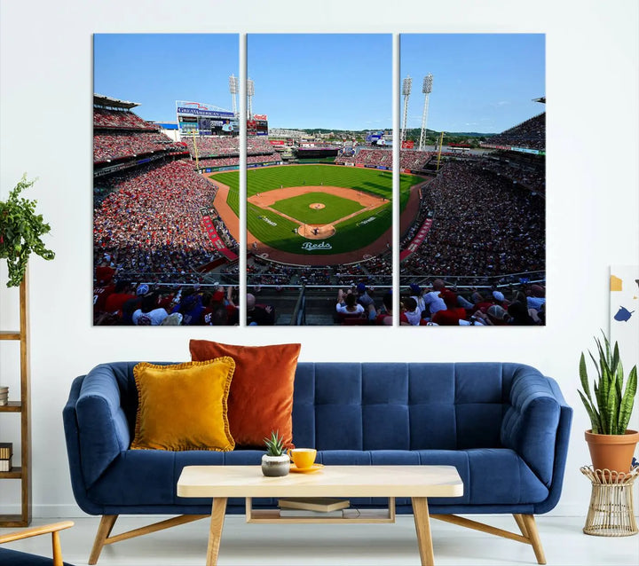 Wall art showcasing the Cincinnati Reds Baseball Team Print features a panoramic view of a bustling Great American Ball Park Stadium on a gallery-quality canvas.