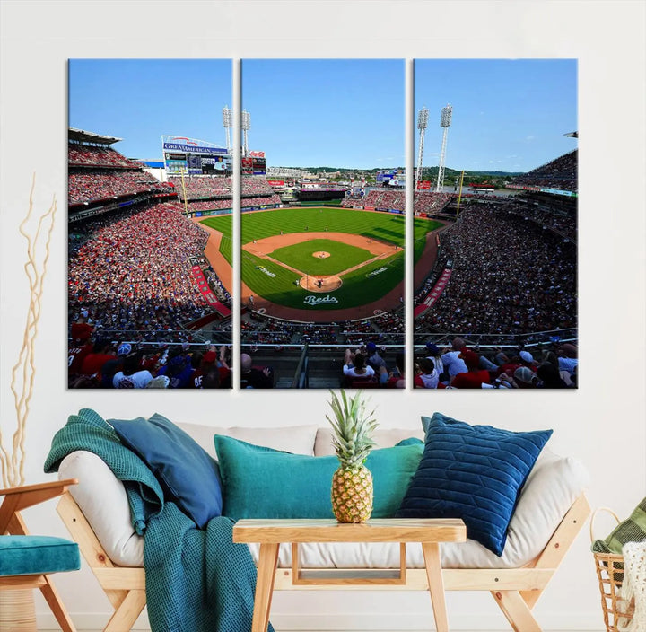 Wall art showcasing the Cincinnati Reds Baseball Team Print features a panoramic view of a bustling Great American Ball Park Stadium on a gallery-quality canvas.