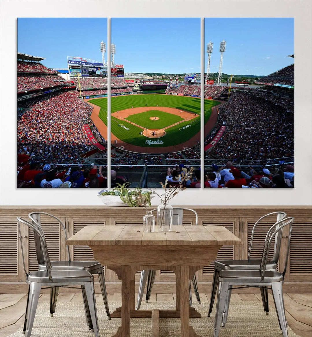 Wall art showcasing the Cincinnati Reds Baseball Team Print features a panoramic view of a bustling Great American Ball Park Stadium on a gallery-quality canvas.