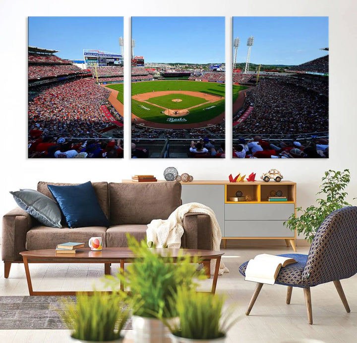 Wall art showcasing the Cincinnati Reds Baseball Team Print features a panoramic view of a bustling Great American Ball Park Stadium on a gallery-quality canvas.