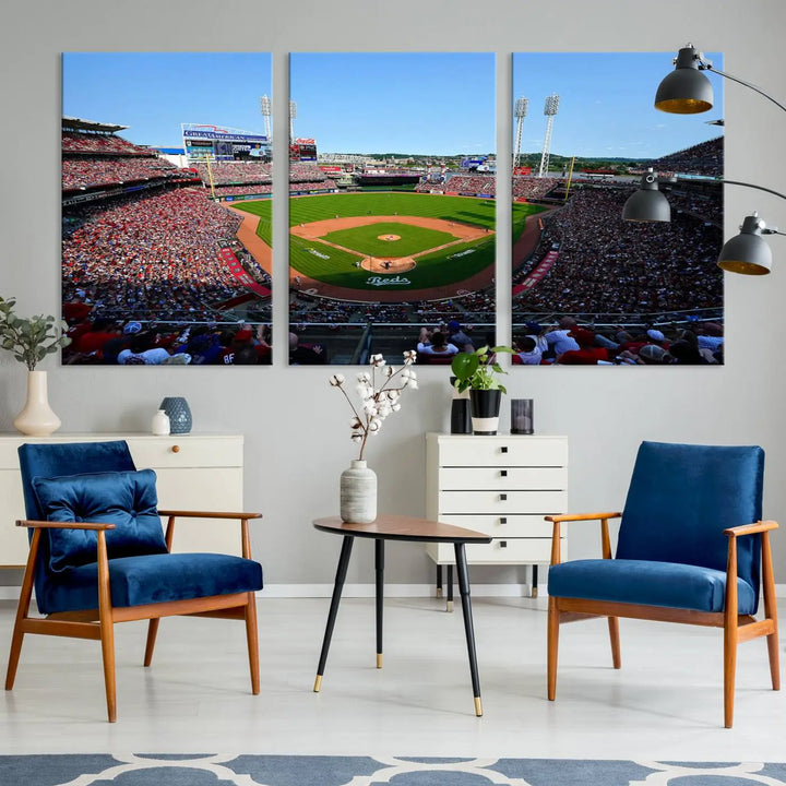 Wall art showcasing the Cincinnati Reds Baseball Team Print features a panoramic view of a bustling Great American Ball Park Stadium on a gallery-quality canvas.