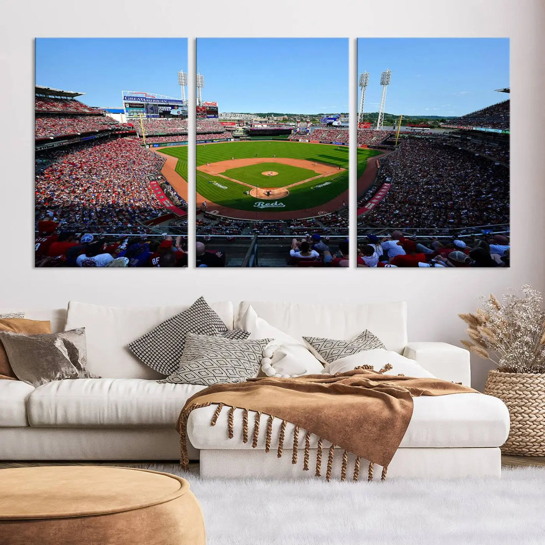 Wall art showcasing the Cincinnati Reds Baseball Team Print features a panoramic view of a bustling Great American Ball Park Stadium on a gallery-quality canvas.