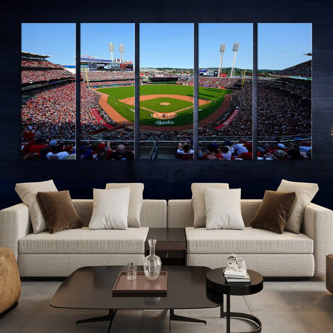 Wall art showcasing the Cincinnati Reds Baseball Team Print features a panoramic view of a bustling Great American Ball Park Stadium on a gallery-quality canvas.