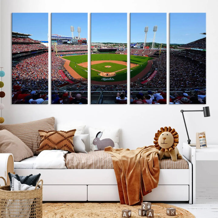 Wall art showcasing the Cincinnati Reds Baseball Team Print features a panoramic view of a bustling Great American Ball Park Stadium on a gallery-quality canvas.