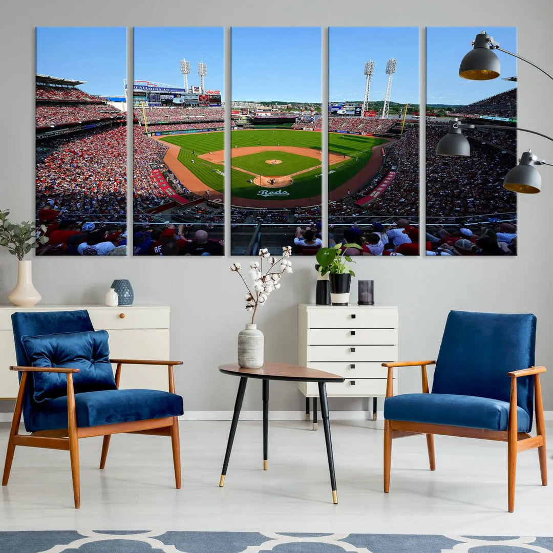 Wall art showcasing the Cincinnati Reds Baseball Team Print features a panoramic view of a bustling Great American Ball Park Stadium on a gallery-quality canvas.