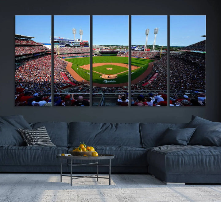 Wall art showcasing the Cincinnati Reds Baseball Team Print features a panoramic view of a bustling Great American Ball Park Stadium on a gallery-quality canvas.