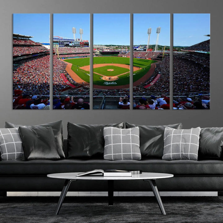 Wall art showcasing the Cincinnati Reds Baseball Team Print features a panoramic view of a bustling Great American Ball Park Stadium on a gallery-quality canvas.