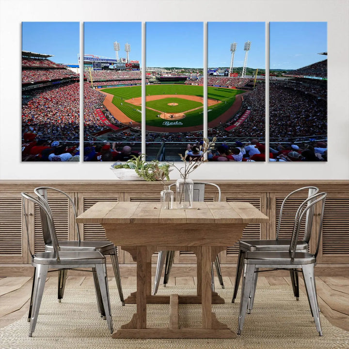 Wall art showcasing the Cincinnati Reds Baseball Team Print features a panoramic view of a bustling Great American Ball Park Stadium on a gallery-quality canvas.