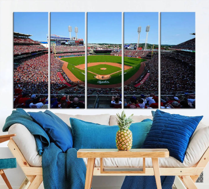 Wall art showcasing the Cincinnati Reds Baseball Team Print features a panoramic view of a bustling Great American Ball Park Stadium on a gallery-quality canvas.