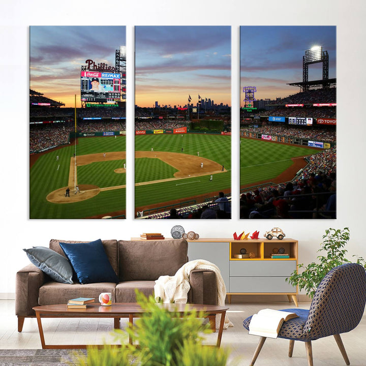 Citizens Bank Park Philadelphia Phillies Wall Art Canvas | 3-Panel Canvas Print of Phillies Stadium | Large Framed Baseball Wall Decor | MLB